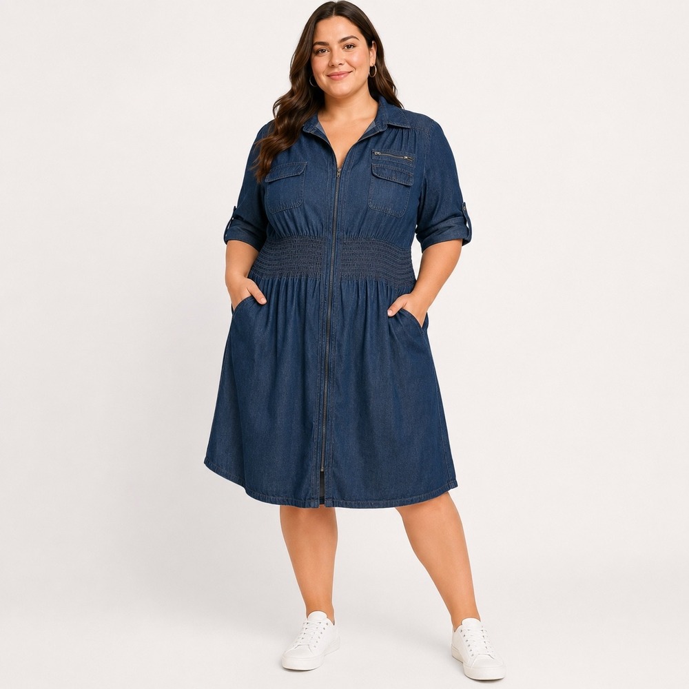 J. Lee Women Plus 1X Blue Denim Zip Front Smocked Waist Utility Dress Casual